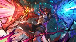 Rule 34 | 1girl, absurdres, belt, black jacket, black shorts, boots, braid, braided ponytail, breasts, eyepatch, gloves, gun, hair horns, highres, holding, holding gun, holding weapon, jacket, large breasts, league of legends, mole, mole above mouth, multicolored clothes, multicolored jacket, navel, official art, red belt, red eyes, red footwear, red hair, red jacket, samira, shorts, smile, solo, soul fighter samira, spiked thighlet, stomach, teeth, two-tone jacket, weapon