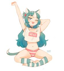 Rule 34 | 1girl, ;d, absurdres, animal ears, arm behind head, arms up, bell, black choker, blue eyes, blue hair, bow, bow panties, cat ears, cat girl, cat tail, choker, clothes writing, collarbone, crop top, fang, hair bobbles, hair ornament, highres, jingle bell, kneehighs, multicolored hair, navel, neck bell, no pants, no shoes, one eye closed, one side up, open mouth, original, panties, romaji text, shirt, short sleeves, simple background, sitting, smile, socks, solo, stirrup legwear, streaked hair, striped clothes, striped panties, striped socks, sui (suizilla), tail, toeless legwear, underwear, white background, white hair, white shirt