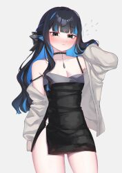 Rule 34 | 1girl, alternate costume, black dress, black hair, blue archive, blue hair, blush, breasts, cleavage, colored inner hair, commission, cosplay, dress, fate/grand order, fate (series), grey eyes, highres, kayoko (blue archive), kayoko (dress) (blue archive), kayoko (dress) (blue archive) (cosplay), multicolored hair, onda (wave sometime), simple background, skeb commission, tenochtitlan (fate), thighs, upper body, white background
