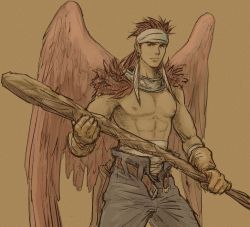 Rule 34 | 1boy, abs, belt, brown background, brown eyes, brown gloves, brown wings, canopus wolph, club (weapon), cowboy shot, feathered wings, gloves, headband, looking at viewer, male focus, pants, pectorals, red hair, sketch, solo, standing, tactics ogre, weapon, white headband, windcaller, wings