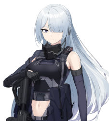 Rule 34 | 1girl, ak-15, ak-15 (girls&#039; frontline), assault rifle, black gloves, braid, breasts, clothing cutout, dlarudgml21, elbow gloves, french braid, girls&#039; frontline, gloves, gun, hair over one eye, highres, kalashnikov rifle, long hair, mask, mask around neck, medium breasts, mouth mask, navel, purple eyes, rifle, silver hair, solo, stomach cutout, tactical clothes, upper body, weapon