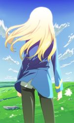 Rule 34 | 1girl, back turned, blonde hair, flower, gluteal fold, highres, long hair, military, military uniform, monsterx, no pants, panties, panties under pantyhose, pantyhose, perrine h. clostermann, solo, strike witches, underwear, uniform, world witches series