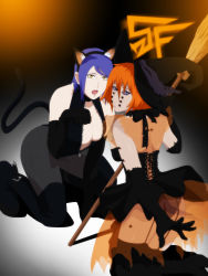 Rule 34 | 2girls, 5mn, animal ears, blue eyes, breasts, broom, cat ears, cat tail, cleavage, dress, eyeshadow, flower, halloween, hat, highres, kneeling, konan (naruto), labret piercing, looking at viewer, makeup, multiple girls, naruto (series), naruto shippuuden, open mouth, orange hair, pain (chikushoudou), pain (naruto), paw pose, stiky finkaz, tail, thighhighs, trick or treat, witch, witch hat
