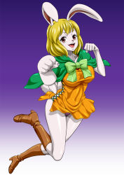 Rule 34 | 1girl, animal ears, blonde hair, boots, breasts, carrot (one piece), covered erect nipples, dress, feet, full body, gradient background, happy, highres, large breasts, legs, looking at viewer, mink tribe, nel-zel formula, one piece, open mouth, orange dress, pale skin, panties, pantyshot, rabbit ears, rabbit tail, red eyes, short hair, simple background, smile, solo, standing, tail, thighs, underwear