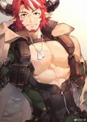 Rule 34 | 1boy, animal ears, arknights, bara, beard, bodysuit, cleavage cutout, clothing cutout, collared jacket, cow boy, cow ears, cow horns, dog tags, facial hair, green bodysuit, highres, horns, humus (arknights), jacket, jacket on shoulders, large pectorals, looking at viewer, male focus, mature male, multicolored hair, muscular, muscular male, partially unzipped, pectoral cleavage, pectorals, red hair, scar, scar across eye, short hair, sideburns, single bare shoulder, smile, sokimi (sosojovan), solo, streaked hair, thick eyebrows, upper body, zipper