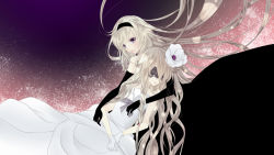 Rule 34 | 1hayu, 2girls, bad id, bad pixiv id, black dress, black vs white, blonde hair, braid, covered eyes, dress, dual persona, elbow gloves, ericcapink, flower, gloves, gown, hair flower, hair ornament, hairband, holding, ia (vocaloid), lace, long hair, multiple girls, purple eyes, single braid, time paradox, twin braids, vocaloid, white dress