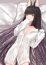 Rule 34 | 1girl, ;o, animal ear fluff, animal ears, azur lane, bed sheet, black hair, blunt bangs, blush, breasts, cleavage, collarbone, fox ears, long hair, long sleeves, looking at viewer, lying, nagato (azur lane), no pants, on back, on bed, one eye closed, open mouth, oversized clothes, schreibe shura, sleeves past fingers, sleeves past wrists, small breasts, solo, straight hair, very long hair, waking up, yellow eyes