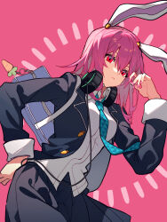 Rule 34 | 1girl, adapted costume, animal ears, aqua necktie, bag, carrot charm, closed mouth, commentary request, grey jacket, grey skirt, hanamoto410, hand on own hip, hand up, headphones, headphones around neck, highres, jacket, long hair, long sleeves, looking at viewer, necktie, open clothes, open jacket, pink background, pink hair, pink nails, rabbit ears, rabbit girl, red eyes, reisen udongein inaba, school bag, school uniform, skirt, solo, touhou, upper body