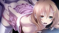 Rule 34 | 1boy, 1girl, arm grab, ass, blush, breast press, breasts, brown hair, clothed sex, game cg, green eyes, hetero, highres, large breasts, legs, long hair, no bra, noba, open clothes, open mouth, panties, panty pull, saliva, sex, solo focus, tears, thighs, top-down bottom-up, underwear, vaginal, white legwear, yobai suru shichinin no harame 2