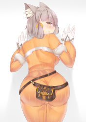 Rule 34 | 1girl, absurdres, against wall, animal ears, ass, blush, bodysuit, breasts, cameltoe, cat ears, come hither, from behind, gloves, grey hair, hair ribbon, highres, huge ass, large breasts, looking at viewer, looking back, nabunabu, naughty face, nia (xenoblade), orange bodysuit, pantylines, ribbon, shiny clothes, short hair, sideboob, skin tight, smile, solo, xenoblade chronicles (series), xenoblade chronicles 2, yellow eyes