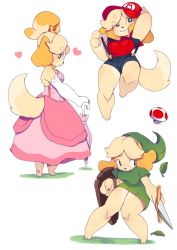 Rule 34 | :3, animal crossing, animal ears, animal hands, barefoot, cosplay, dog ears, dog girl, dog tail, dress, hat, heart, highres, isabelle (animal crossing), link, link (cosplay), mario, mario (cosplay), mario (series), nintendo, overalls, pink dress, princess peach, princess peach (cosplay), punipaws, shield, simple background, super smash bros., sword, tail, the legend of zelda, weapon, white background