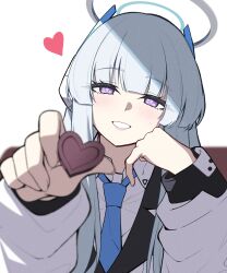 Rule 34 | 1girl, blue archive, blue necktie, blush, chocolate, collared shirt, food, grey hair, halo, heart, highres, holding, holding chocolate, holding food, jacket, long hair, long sleeves, looking at viewer, mechanical halo, necktie, noa (blue archive), open mouth, purple eyes, reia 76, shirt, smile, solo, upper body, white jacket, white shirt