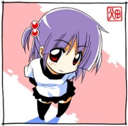 Rule 34 | 00s, 1girl, arms behind back, black border, black thighhighs, border, close-up, hair bobbles, hair ornament, hata kenjirou, hayate no gotoku!, looking at viewer, lowres, purple hair, red eyes, segawa izumi, signature, skirt, smile, solo, thighhighs, two side up, zettai ryouiki