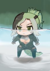 Rule 34 | 1girl, black gloves, black jacket, black pants, breasts, buchi0122, chibi, cleavage, closed mouth, fingerless gloves, full body, gloves, green eyes, green hair, highres, jacket, kemono friends, long hair, long sleeves, looking at viewer, mouth under water, open clothes, open jacket, pants, ponytail, saltwater crocodile (kemono friends), solo, torn clothes, torn pants, underwater, water