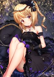 Rule 34 | 1girl, aliasing, alternate costume, ass, bare shoulders, black dress, black flower, black gloves, black ribbon, black rose, blonde hair, blush, breasts, commentary request, dress, feet out of frame, flandre scarlet, flower, gloves, gothic lolita, hair flower, hair ornament, hair ribbon, head tilt, jewelry, knees up, lens flare, light particles, lolita fashion, long hair, looking at viewer, necklace, no headwear, one side up, petticoat, pillow, red eyes, ribbon, rose, sea scorpion (umisasori), sitting, small breasts, smile, solo, strapless, strapless dress, thighs, thorns, touhou