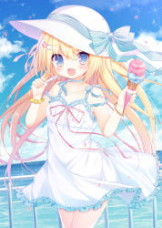 Rule 34 | 1girl, :d, bare shoulders, blonde hair, blue bow, blue choker, blue eyes, blush, bow, brown scrunchie, choker, collarbone, commentary request, d omm, double scoop, dress, fang, flower, food, frilled dress, frills, hair between eyes, hair flower, hair ornament, hairclip, hat, hat bow, highres, holding, holding food, holding spoon, horizon, ice cream, ice cream cone, long hair, looking at viewer, moe2020, ocean, open mouth, original, pink ribbon, polka dot, polka dot scrunchie, railing, red flower, ribbon, scrunchie, sleeveless, sleeveless dress, smile, solo, sparkle, spoon, striped, striped bow, sun hat, sundress, very long hair, water, white hat, wrist scrunchie
