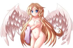 Rule 34 | 1girl, angel, angel wings, blonde hair, blue eyes, blush, bracelet, breasts, cloth, ecstasy (icyblue), eyelashes, female focus, groping, ilias, jewelry, large breasts, long hair, mon-musu quest!, navel, necklace, nipples, nude, plump, pussy, revision, simple background, smile, thick thighs, thighs, tiara, tight clothes, uncensored, very long hair, wide hips, wings