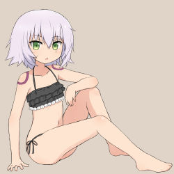 Rule 34 | 1girl, barefoot, bikini, black bikini, breasts, brown background, cleavage, collarbone, commentary request, fate/apocrypha, fate (series), frilled bikini, frills, full body, green eyes, hair between eyes, hand rest, jack the ripper (fate/apocrypha), knee up, light purple hair, looking at viewer, navel, open mouth, petite, scar, scar on face, short hair, side-tie bikini bottom, simple background, sitting, small breasts, solo, swimsuit, tattoo, yakihebi