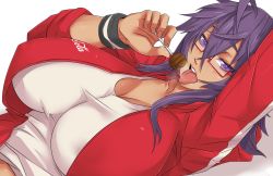 Rule 34 | 1girl, ahoge, breasts, candy, cleavage, coca-cola, cola (exaxuxer), dark-skinned female, dark skin, exaxuxer, food, glasses, highres, huge breasts, jacket, lollipop, looking at viewer, open clothes, open jacket, original, product placement, purple eyes, red-framed eyewear, saliva, saliva trail, sleeves rolled up, solo, tan, tongue, track jacket