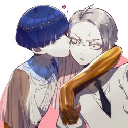 Rule 34 | 2others, ^ ^, androgynous, annoyed, arm around shoulder, arm on another&#039;s shoulder, bad id, bad twitter id, blue hair, blunt bangs, cairngorm (houseki no kuni), closed eyes, closed mouth, collar, collared shirt, colored eyelashes, colored skin, eyelashes, gem uniform (houseki no kuni), golden arms, grey hair, heart, houseki no kuni, kiss, kissing cheek, kuzudon, lowres, moon uniform (houseki no kuni), multiple others, necktie, other focus, parted hair, phosphophyllite, phosphophyllite (ll), pulling another&#039;s clothes, see-through, see-through sleeves, shirt, simple background, spoilers, surprise kiss, surprised, v-shaped eyebrows, white skin, wide sleeves