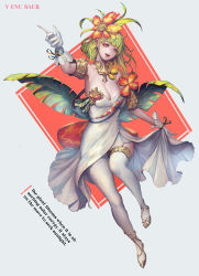 Rule 34 | 1girl, armlet, blue ribbon, breasts, character name, clothes lift, commentary request, creatures (company), crest, dress, dress lift, english text, floral print, flower, frilled dress, frills, game freak, gen 1 pokemon, gloves, gold footwear, green hair, hair flower, hair ornament, high heels, highres, jewelry, large breasts, leaf, multicolored ribbon, neck ring, nintendo, patterned clothing, personification, pokemon, red background, ribbon, simple background, solo, soma (whitenight1), thighhighs, venusaur, white background, white dress, white gloves, white thighhighs, wrist ribbon, yellow ribbon