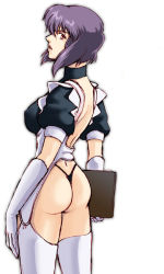 Rule 34 | 1girl, ass, back, chito (chito vin), ghost in the shell, gloves, kusanagi motoko, looking back, purple hair, red eyes, solo, standing, thighhighs, waitress