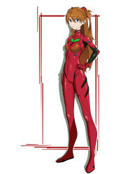 Rule 34 | 1girl, absurdres, artist request, blue eyes, bodysuit, breasts, brown hair, curvy, full body, hair ornament, hand on own hip, highres, interface headset, long hair, looking at viewer, neon genesis evangelion, plugsuit, shiny clothes, simple background, solo, souryuu asuka langley, standing, tsundere, twintails, very long hair, white background, wide hips