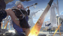 Rule 34 | 2girls, a-m-one, animal ears, arknights, axe, battle axe, black footwear, black hair, black jacket, black nails, black skirt, boots, breasts, chinese commentary, coat, commentary request, day, floating hair, grey hair, hair ornament, hairclip, holding, holding axe, holding sword, holding weapon, jacket, knee boots, lappland (arknights), lappland (refined horrormare) (arknights), long hair, long sleeves, looking at viewer, material growth, multiple girls, nail polish, official alternate costume, open mouth, oripathy lesion (arknights), outdoors, planted, planted sword, planted weapon, pocket watch, reflection, ruins, skirt, slit pupils, smile, statue, sword, tail, texas (arknights), texas (winter messenger) (arknights), very long hair, watch, weapon, white coat, wolf tail