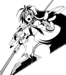 Rule 34 | 10mo, 1girl, armpits, belt, blazblue, blush, breast curtains, breasts, fingerless gloves, gloves, greyscale, hair between eyes, hair ribbon, highres, hip vent, holding, holding weapon, large breasts, long hair, mai natsume, midriff, monochrome, navel, open mouth, polearm, ponytail, revealing clothes, ribbon, sideboob, solo, spear, stomach, v-shaped eyebrows, weapon
