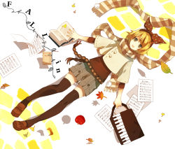 Rule 34 | 1girl, apple, book, casual, food, fruit, highres, kagamine rin, lying, music, scarf, sheet music, solo, striped clothes, striped scarf, thighhighs, vocaloid, yunomachi