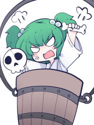 Rule 34 | 1girl, anger vein, bone, bucket, chahan (fried rice0614), green hair, hair bobbles, hair ornament, highres, holding, holding bone, holding skull, in bucket, in container, japanese clothes, kimono, kisume, long sleeves, one-hour drawing challenge, open mouth, short hair, simple background, skull, solo, touhou, twintails, white background, white kimono, wide sleeves