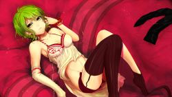 Rule 34 | 1girl, bad id, bad nicoseiga id, bare shoulders, camisole, fujikiti, green hair, gumi, looking at viewer, lying, on back, short hair, solo, striped clothes, striped thighhighs, thighhighs, vocaloid