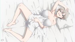 Rule 34 | 1girl, bed, bed sheet, blanket, blue eyes, breasts, covering privates, fang, grey hair, hair between eyes, huge breasts, implied after sex, keihh, lying, naked sheet, nude cover, on back, on bed, open mouth, pillow, short hair, solo, under covers, uzaki-chan wa asobitai!, uzaki hana