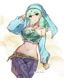 Rule 34 | 1girl, bare shoulders, breasts, byleth (female) (fire emblem), byleth (fire emblem), commentary request, cowboy shot, crop top, detached sleeves, fire emblem, fire emblem: three houses, gerudo set (zelda), green eyes, green hair, halterneck, harem outfit, highres, large breasts, long hair, looking at viewer, midriff, navel, nintendo, pants, parted lips, purple pants, solo, standing, stomach, the legend of zelda, the legend of zelda: breath of the wild, veil, white background, yomusugara (uzo-muzo)