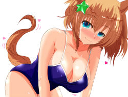 Rule 34 | 1girl, animal ears, bare shoulders, blue eyes, blue one-piece swimsuit, blush, breasts, brown hair, cleavage, commentary request, cowboy shot, hair ornament, heart, highres, horse ears, horse girl, horse tail, large breasts, leaning forward, looking at viewer, medium hair, one-piece swimsuit, ponytail, simple background, smile, solo, star (symbol), star hair ornament, swimsuit, taiki shuttle (umamusume), tail, tkka, umamusume, wet, white background