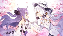 Rule 34 | &gt; &lt;, 2girls, :d, age difference, azur lane, bare shoulders, blush, bow, child, commentary request, dress, elbow gloves, eye contact, gloves, hair bun, hand on own chest, hat, illustrious (azur lane), long hair, looking at another, low twintails, multiple girls, onee-loli, open mouth, petals, pinky swear, purple eyes, purple hair, revision, single side bun, smile, strapless, strapless dress, stuffed animal, stuffed toy, stuffed unicorn, stuffed winged unicorn, tsubasa tsubasa, twintails, unicorn (azur lane), white dress, white gloves, white hair, yuri