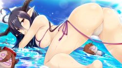 Rule 34 | 10s, 1girl, ahoge, all fours, antenna hair, ass, bikini, black hair, blue sky, blush, breasts, cleavage, cloud, commentary request, danua, day, draph, from behind, granblue fantasy, hair between eyes, highres, horns, large breasts, long hair, looking at viewer, looking back, outdoors, pointy ears, red eyes, sideboob, sky, solo, sorano (12gou), swimsuit, water, white bikini