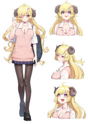 Rule 34 | 1girl, :d, ahoge, alternate costume, animal ears, bag, black footwear, black pantyhose, blonde hair, blush, breasts, cardigan vest, cleavage, commentary, crazy smile, cropped torso, full body, hair ornament, hairclip, heart, heart-shaped pupils, highres, hololive, horns, large breasts, long hair, looking at viewer, mikan (chipstar182), one eye closed, open mouth, pantyhose, pleated skirt, purple eyes, school bag, shaded face, sheep ears, sheep girl, sheep horns, simple background, skirt, smile, solo, standing, symbol-shaped pupils, tsunomaki watame, virtual youtuber, wavy mouth, white background