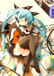 Rule 34 | 1girl, aqua hair, cable, closed eyes, fetal position, full body, hatsune miku, highres, kouusagi, long hair, lying, mini person, minigirl, odds &amp; ends (vocaloid), plantar flexion, project diva, project diva (series), project diva f, skirt, sleeping, solo, thighhighs, twintails, very long hair, vocaloid