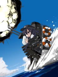 Rule 34 | 10s, 1girl, akatsuki (kancolle), black eyes, black hair, cannon, cloud, cloudy sky, commentary request, day, explosion, flat cap, hat, highres, kantai collection, long hair, machinery, ocean, one eye closed, open mouth, pantyhose, pleated skirt, school uniform, serafuku, skirt, sky, splashing, standing, standing on liquid, tears, turret, usui harusame, walking, walking on liquid