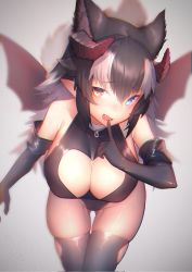 Rule 34 | 1girl, akuma (st.takuma), animal ear fluff, animal ears, bare shoulders, bat wings, black gloves, black hair, black leotard, black thighhighs, blue eyes, breasts, cleavage cutout, clothing cutout, collarbone, commentary, cowboy shot, elbow gloves, extra ears, fang, finger to mouth, gloves, gluteal fold, grey background, grey wolf (kemono friends), hair between eyes, heterochromia, highres, horns, kemono friends, large breasts, leotard, long hair, looking at viewer, multicolored hair, open mouth, pointy ears, simple background, solo, symbol-only commentary, thigh gap, thighhighs, two-tone hair, white hair, wings, wolf ears, wolf girl, yellow eyes
