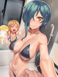 Rule 34 | 2girls, ageha (sengoku collection), bare shoulders, bath, bathing, bathroom, bathtub, bikini, black bikini, blonde hair, breasts, brown hair, cleavage, closed mouth, collarbone, commentary request, cowboy shot, embarrassed, green hair, groin, hair between eyes, hair over one eye, indoors, large breasts, legs together, midriff, multiple girls, navel, open mouth, pov, sengoku collection, short hair, smile, sponge, string bikini, sugitani zenjubou (sengoku collection), swimsuit, tenchisouha, water, wet, yellow eyes