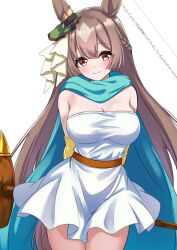 Rule 34 | 1girl, absurdres, alternate costume, animal ears, arms behind back, bare shoulders, belt, breasts, brown hair, cape, cleavage, commentary request, cosplay, cowboy shot, cropped legs, detached sleeves, dragon quest, dragon quest iii, dress, hair between eyes, hair ornament, herohero (higashi no dou), highres, holding, holding weapon, horse ears, horse tail, large breasts, looking at viewer, sage (dq3), sage (dq3) (cosplay), satono diamond (umamusume), sleeveless, sleeveless dress, smile, solo, tail, translation request, umamusume, weapon, white background, white dress, yellow eyes