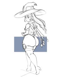 Rule 34 | 1girl, ass, boots, full body, genshin impact, hat, high heels, highres, huge ass, leotard, lineart, looking at viewer, looking back, massgrave art, mona (genshin impact), solo, standing, thigh boots, thighhighs, twintails, witch hat