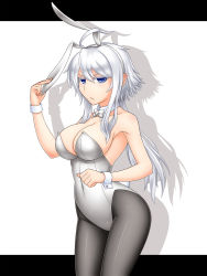 Rule 34 | 1girl, ahoge, animal ears, blue eyes, bow, bowtie, detached collar, duel monster, fake animal ears, long hair, milla the temporal magician, mira the eternal magician, pantyhose, pataneet, playboy bunny, rabbit ears, rabbit tail, solo, tail, white hair, wrist cuffs, yu-gi-oh!, yu-gi-oh! duel monsters