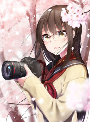 Rule 34 | 1girl, :d, blurry, blurry background, blurry foreground, blush, brown hair, buckle, camera, canon (company), cardigan, cherry blossoms, depth of field, flower, glasses, highres, holding, holding camera, long hair, long sleeves, looking at viewer, neckerchief, nekobaka, open mouth, original, over-rim eyewear, petals, pink flower, red-framed eyewear, red neckerchief, school uniform, semi-rimless eyewear, serafuku, sleeves past wrists, smile, solo, spring (season), tree, two-handed, upper body, yellow cardigan