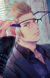 Rule 34 | 2boys, black gloves, black jacket, black shirt, blonde hair, collared shirt, final fantasy, final fantasy xv, fingerless gloves, gladiolus amicitia, gloves, green eyes, hair slicked back, highres, holding, holding removed eyewear, ignis scientia, indoors, jacket, jewelry, koro mma, looking at viewer, male focus, multiple boys, necklace, parted lips, shirt, sideburns, smile, suit jacket, unworn eyewear, upper body, window