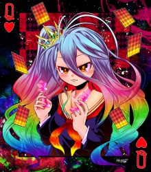 Rule 34 | 1girl, :3, artist name, card, chess piece, child, closed mouth, collarbone, commentary request, crown, drawing, forehead, gem, heisoruxartworks, highres, holding, king (chess), long sleeves, multicolored hair, no game no life, queen (chess), queen (playing card), queen of hearts (playing card), queen of spades, rainbow gradient, rainbow hair, shiro (no game no life), solo, sparkle, upper body, yellow eyes