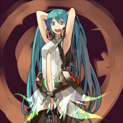 Rule 34 | 1girl, :d, aqua eyes, aqua hair, armpits, arms behind head, arms up, center opening, eyelashes, hatsune miku, hatsune miku (append), headphones, headphones around neck, long hair, navel, necktie, open mouth, shihou (g-o-s), smile, solo, teeth, thighhighs, twintails, upper teeth only, very long hair, vocaloid, vocaloid append, zettai ryouiki