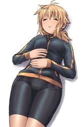 Rule 34 | 1girl, antenna hair, bike shorts, black jacket, black shorts, blonde hair, blush, breasts, closed eyes, facing viewer, groin, hair between eyes, hands on own stomach, highres, jacket, koshirae tsurugi (m.m), long hair, long sleeves, low ponytail, lying, m.m, on back, original, parted lips, ponytail, shadow, short shorts, shorts, simple background, small breasts, solo, track jacket, white background